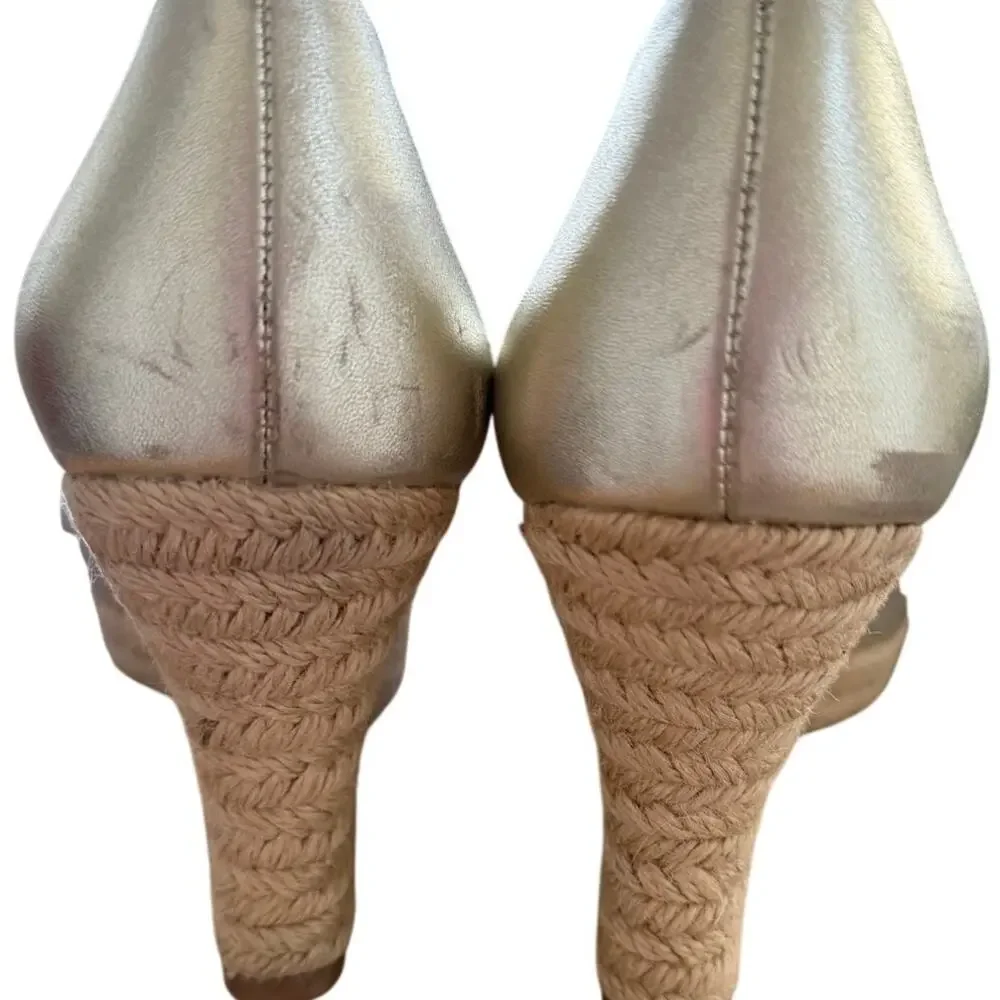 Tory Burch Dory Metallic Gold Rope Peep Toe Pump Espadrille Wedges